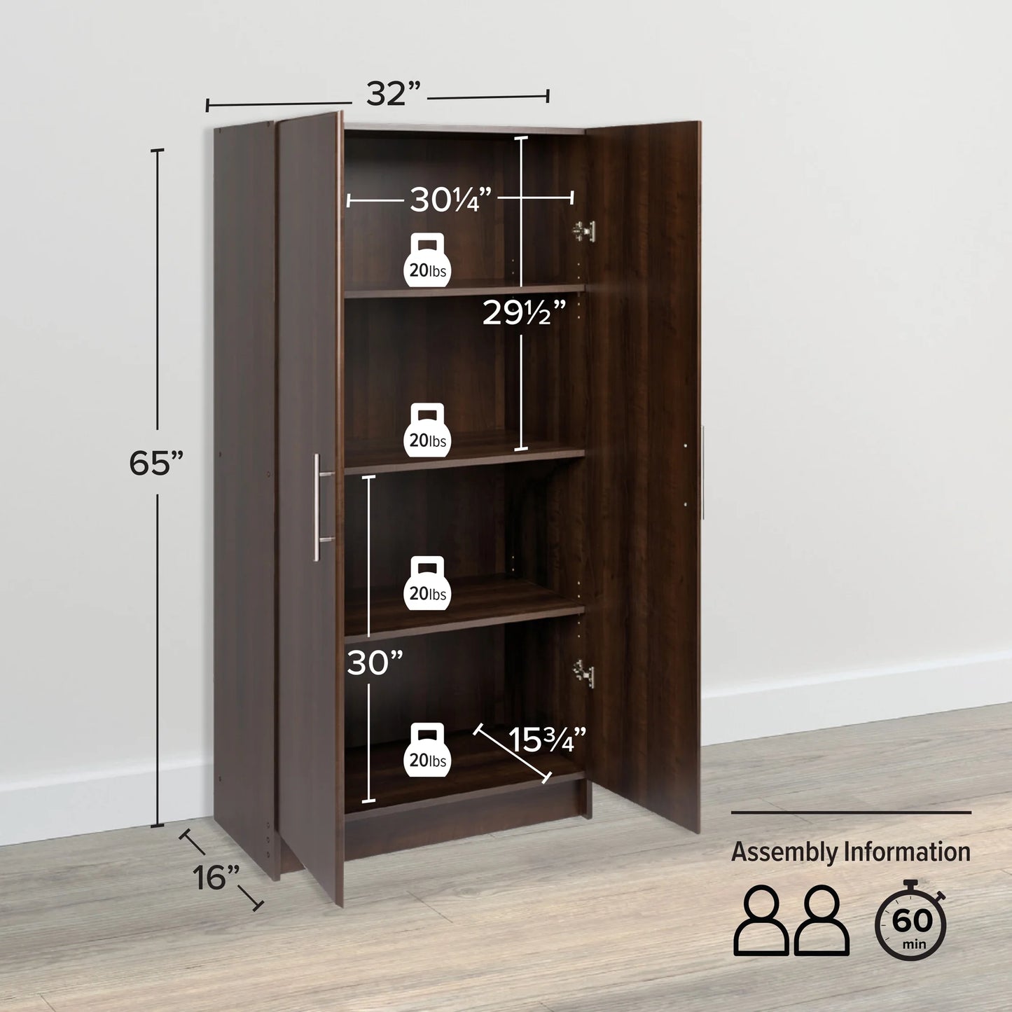 Prepac Adjustable Shelves Cabinet - Functional Tall Garage Table, 16"D x 32"W x 65"H Freestanding Garage Cabinet with 2-Doors, Espresso - EES-3264