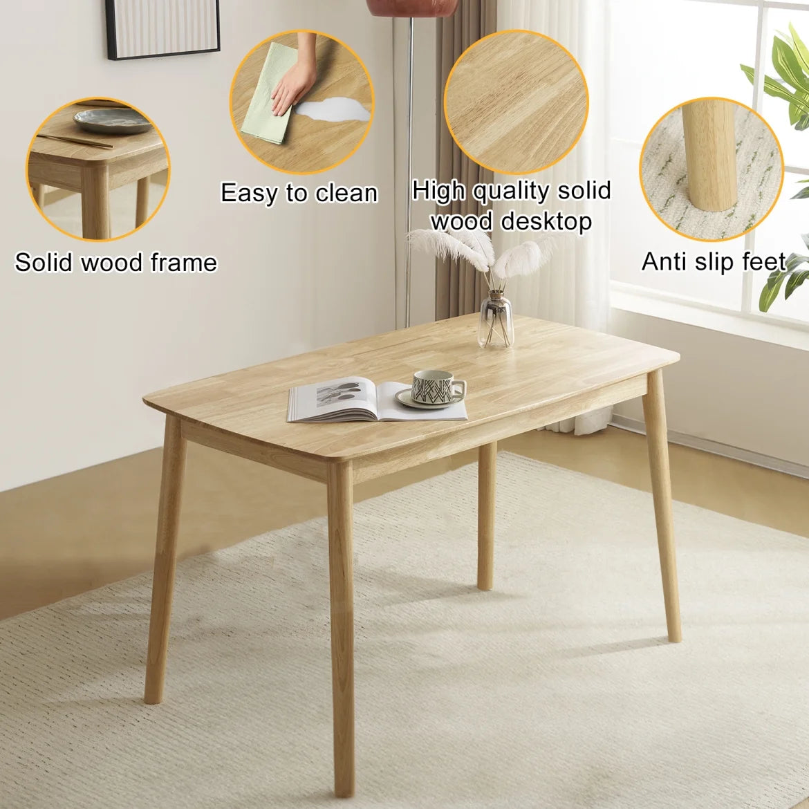 5-Piece Wooden Kitchen Table and Chair Set, Dinette Sets with 1 Rectangular Table and 4 Upholstered Chairs, Space-Saving Dining Table Set for 4, Natural