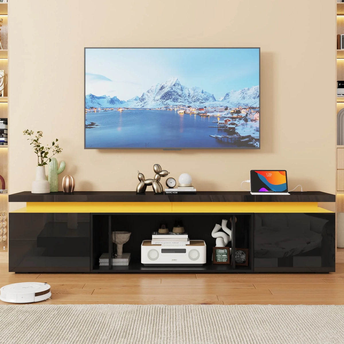 Blotout High Gloss LED TV Stand for up to 80" TVs /40" Electric Fireplace, 71" Large Entertainment Center Console Table with Power Charging Station