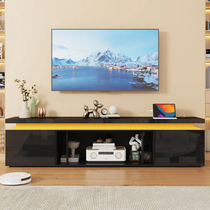 Blotout High Gloss LED TV Stand for up to 80" TVs /40" Electric Fireplace, 71" Large Entertainment Center Console Table with Power Charging Station