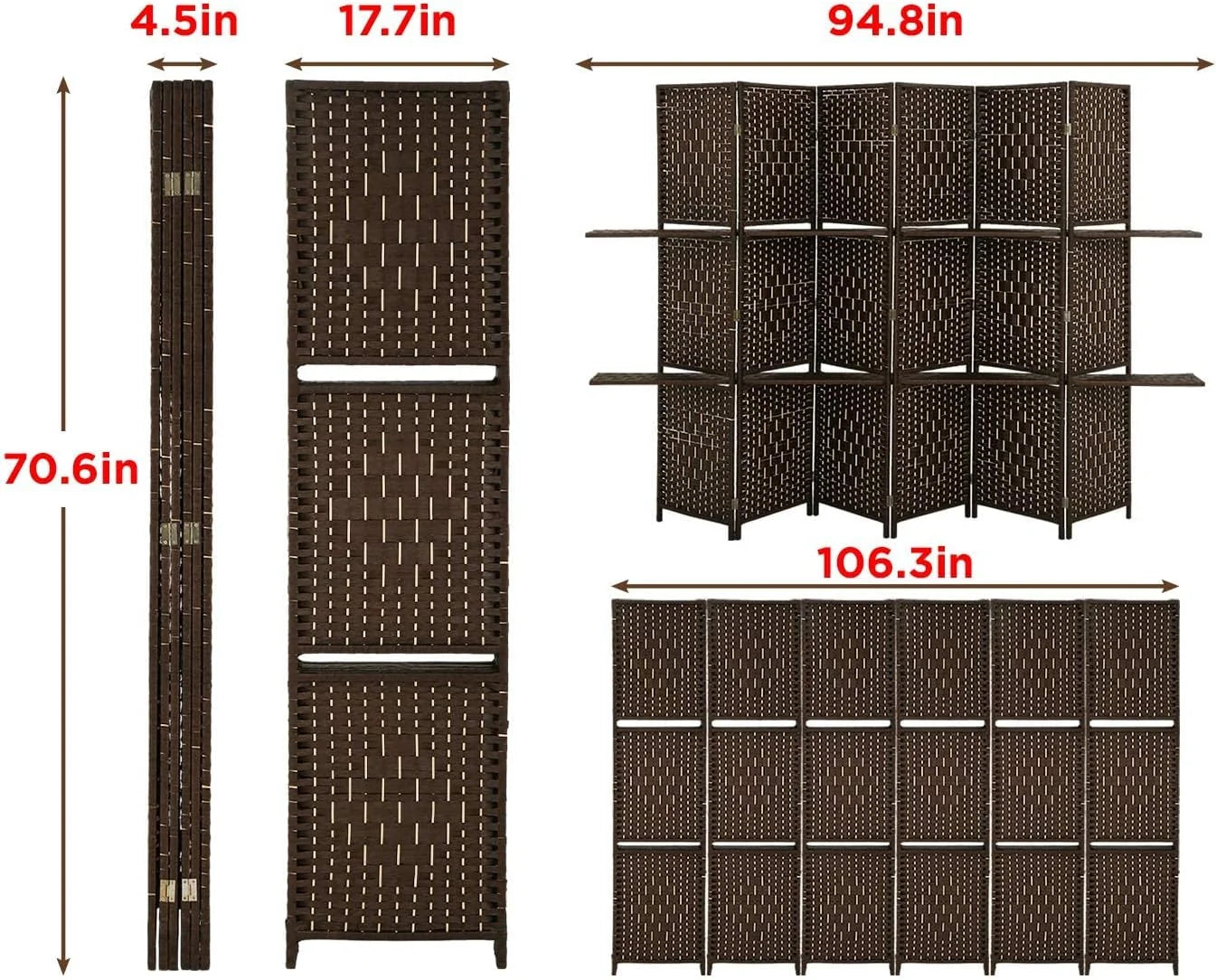 Dkelincs 6 Panel Wood Room Dividers Portable Folding Privacy Screen with Removable Storage Shelves, Brown