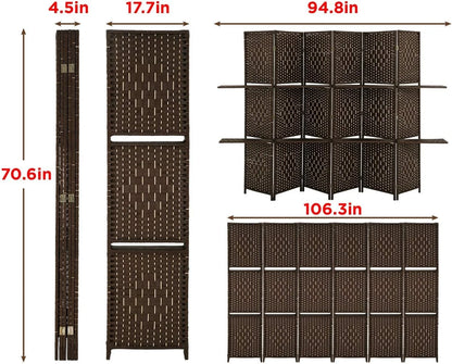 Dkelincs 6 Panel Wood Room Dividers Portable Folding Privacy Screen with Removable Storage Shelves, Brown