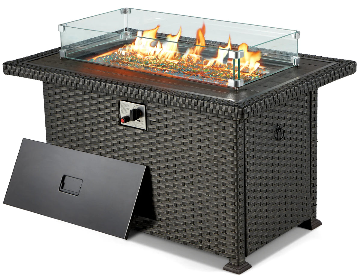 HOMREST Propane Fire Pit Table, 44 Inch 50,000 BTU Auto-Ignition Gas Fire Pit Table Rectangular /w Glass Wind Guard, Wood Plastic Composites Tabletop, CSA Certification Firepit for Outdoor Patio Lawn
