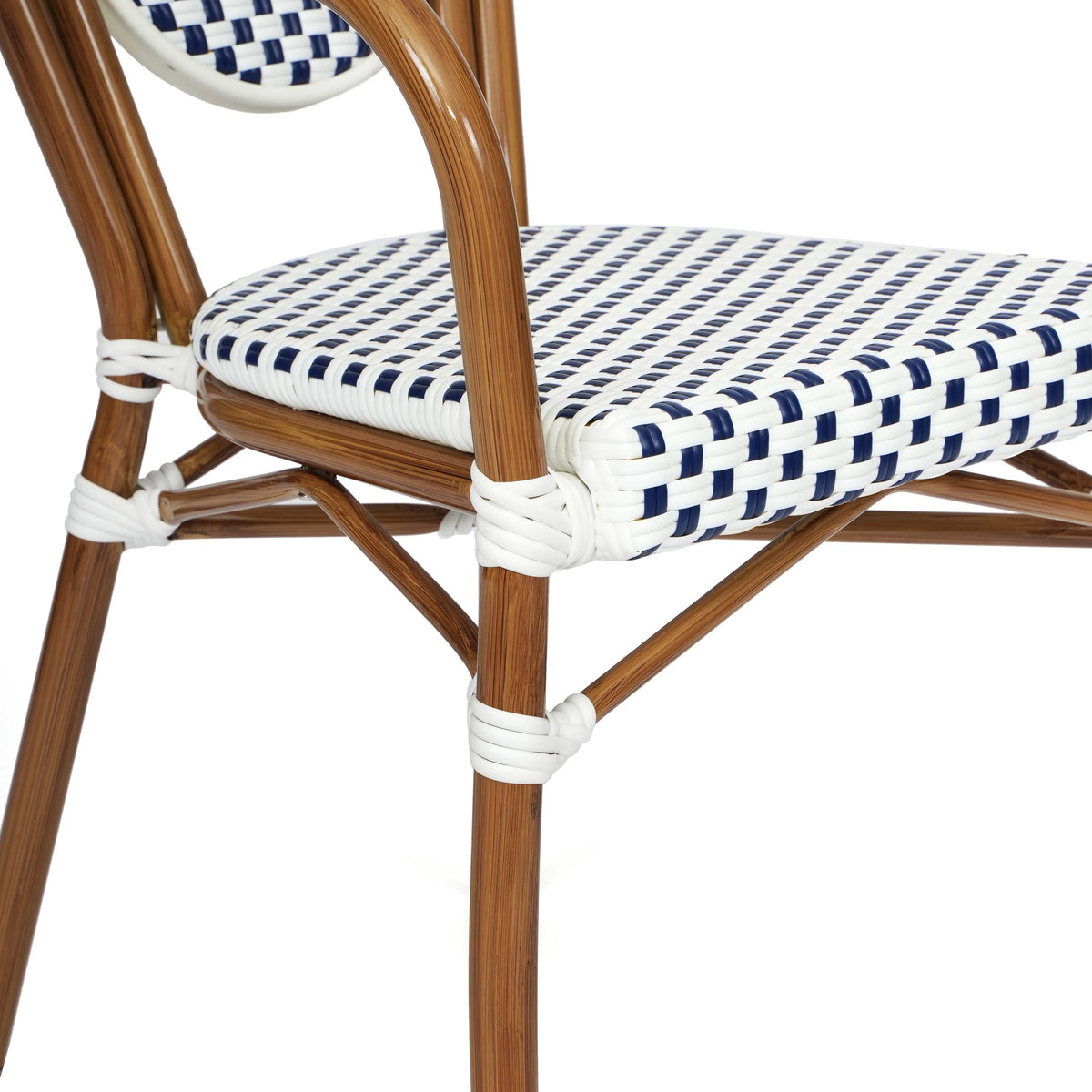 Merrick Lane Stacking Thonet French Bistro Style Chair with Arms, Black & White PE Rattan Seat, and Bamboo Finished Metal Frame for Indoor/Outdoor Use