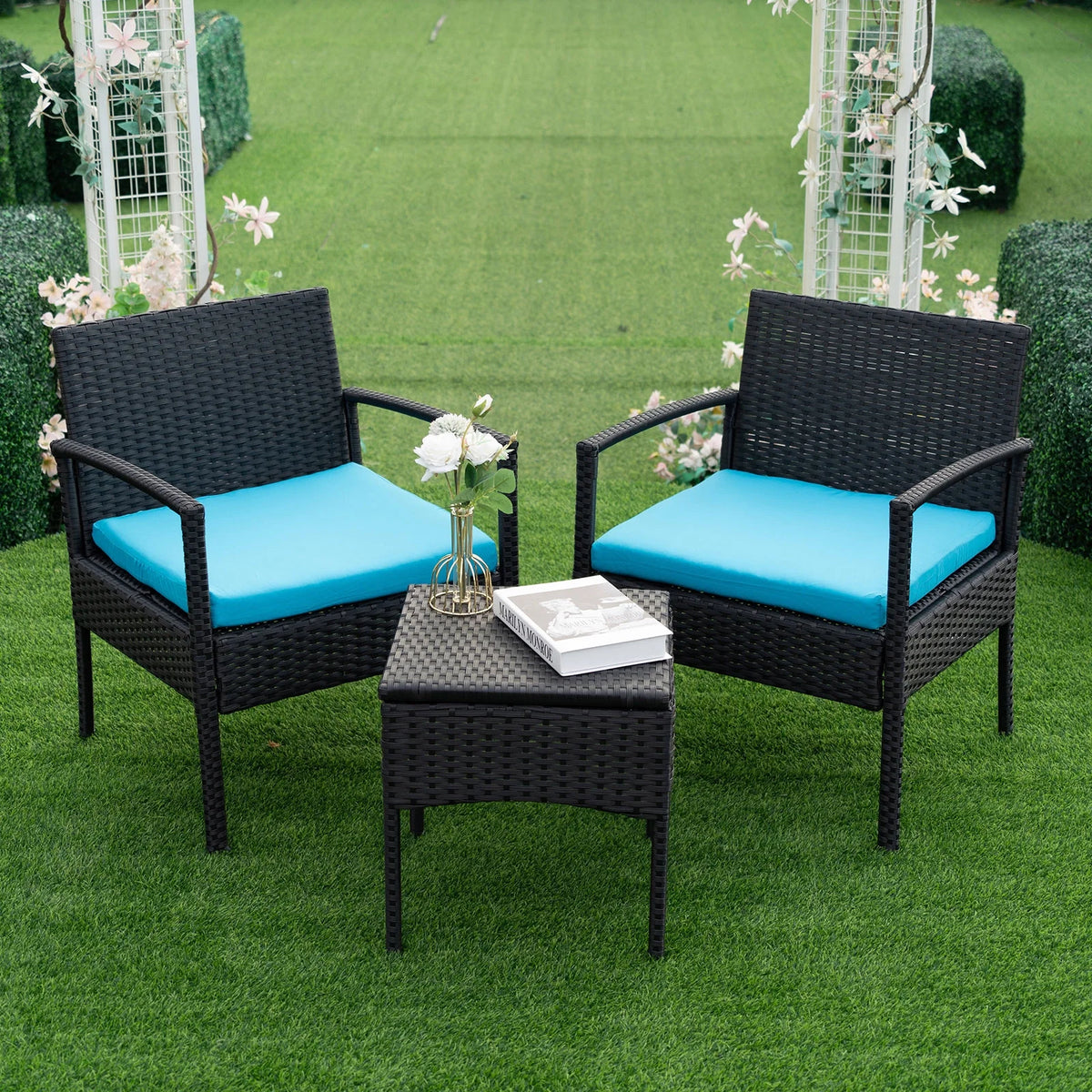 Tappio Outdoor Furniture 3 Piece Patio Bistro Furniture Set, Rattan Conversation Chairs Set with Side Table and Cushions, Patio Furniture Sets for Balcony Garden Porch, Red