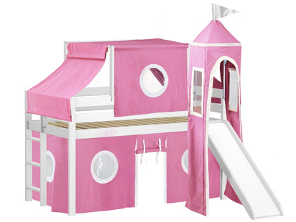JACKPOT! Castle Low Loft Bed with Slide, Red Yellow and Blue Tent and Tower, Twin, Cherry