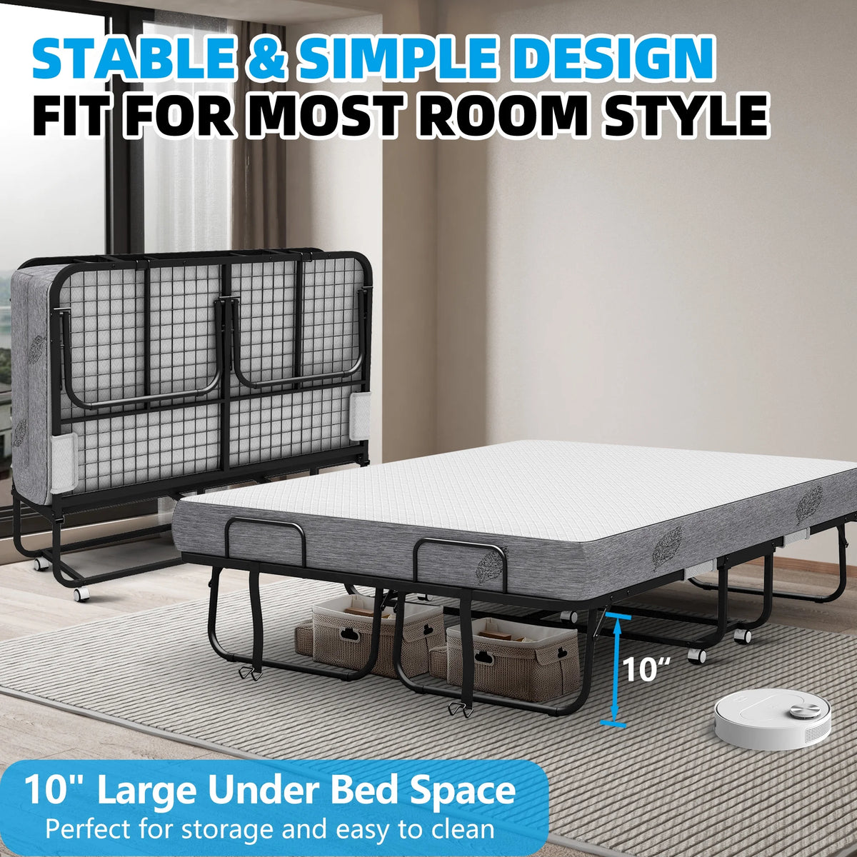 Folding Bed with Mattress 75" x 31" Cot Size Folded Bed, Rollaway Guest Bed Portable Foldable Extra Bed for Adults Daybed with 5" Memory Foam Mattress Space-Saving Sturdy Metal Grid Frame