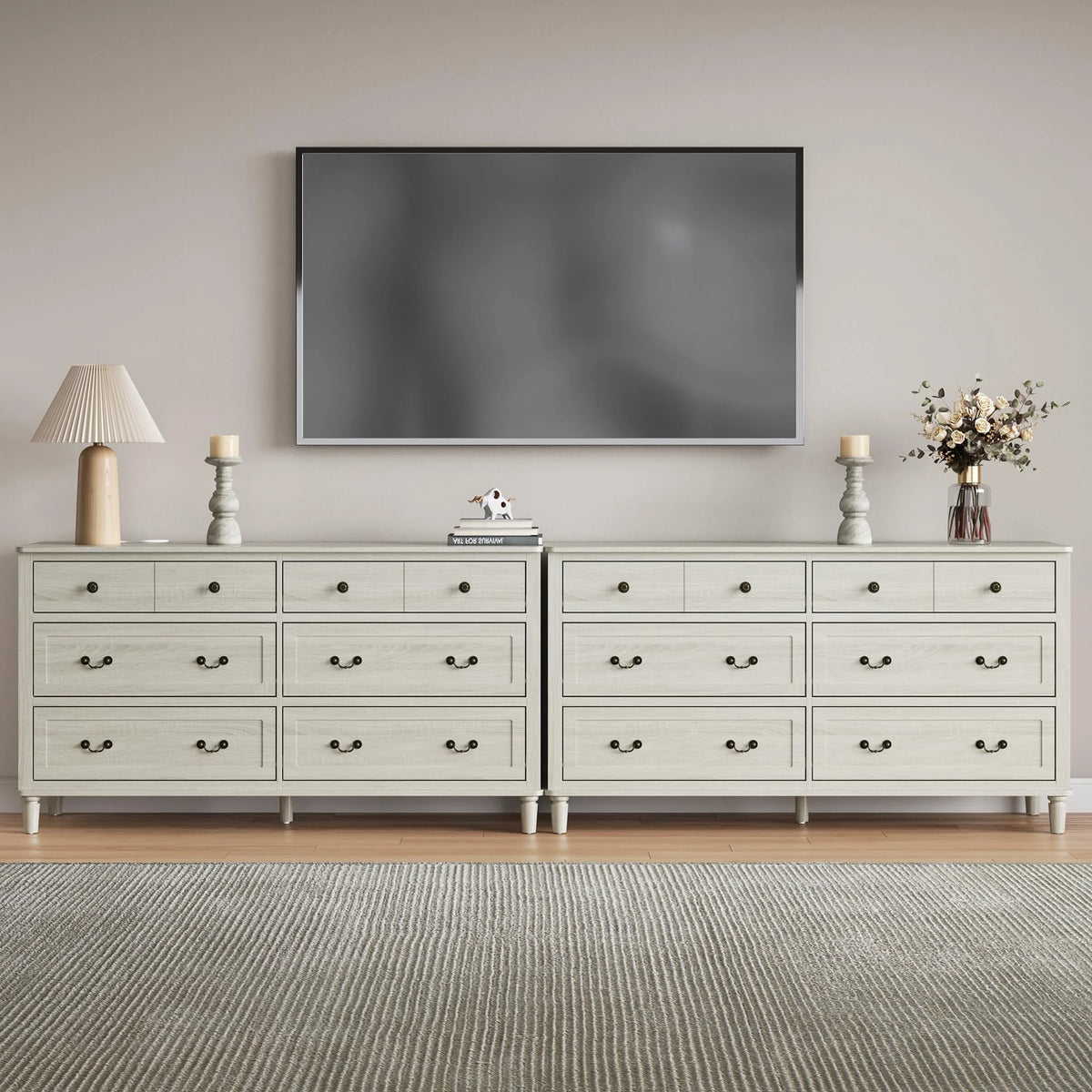 May Color Large White 3 Drawer Dresser Set of 2 with Fluted Panel, Modern Chest of Drawers with Silent Slide Drawers, Wood Accent Nightstand with Storage for Bedroom Living Room, Hallway