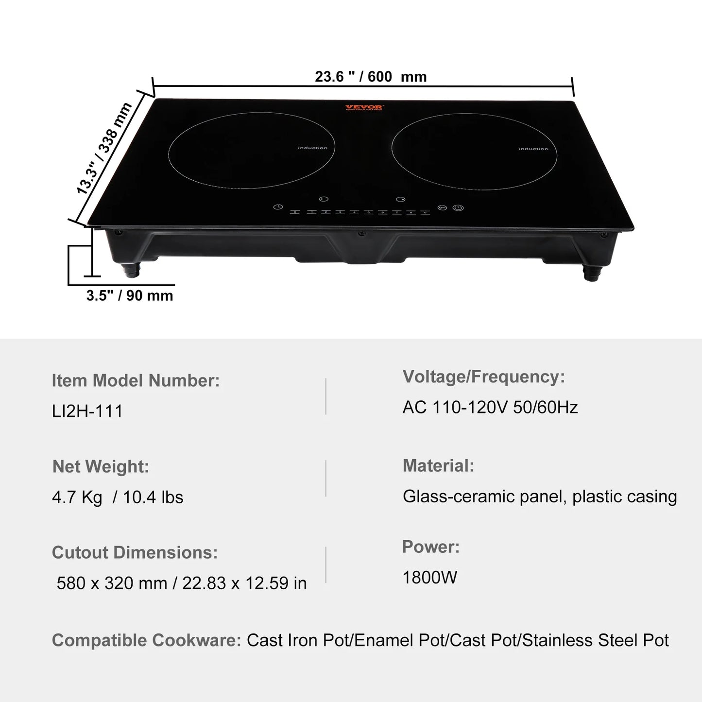 BENTISM 24 inch Electric Cooktop 2 Burners Ceramic Glass Stove Top Touch Control