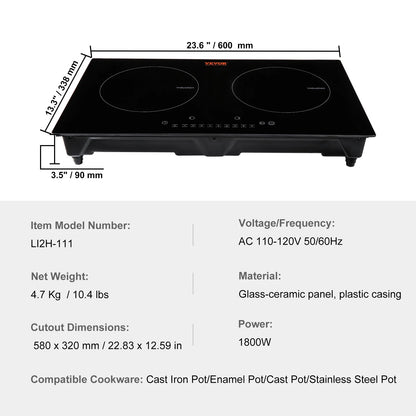 BENTISM 24 inch Electric Cooktop 2 Burners Ceramic Glass Stove Top Touch Control