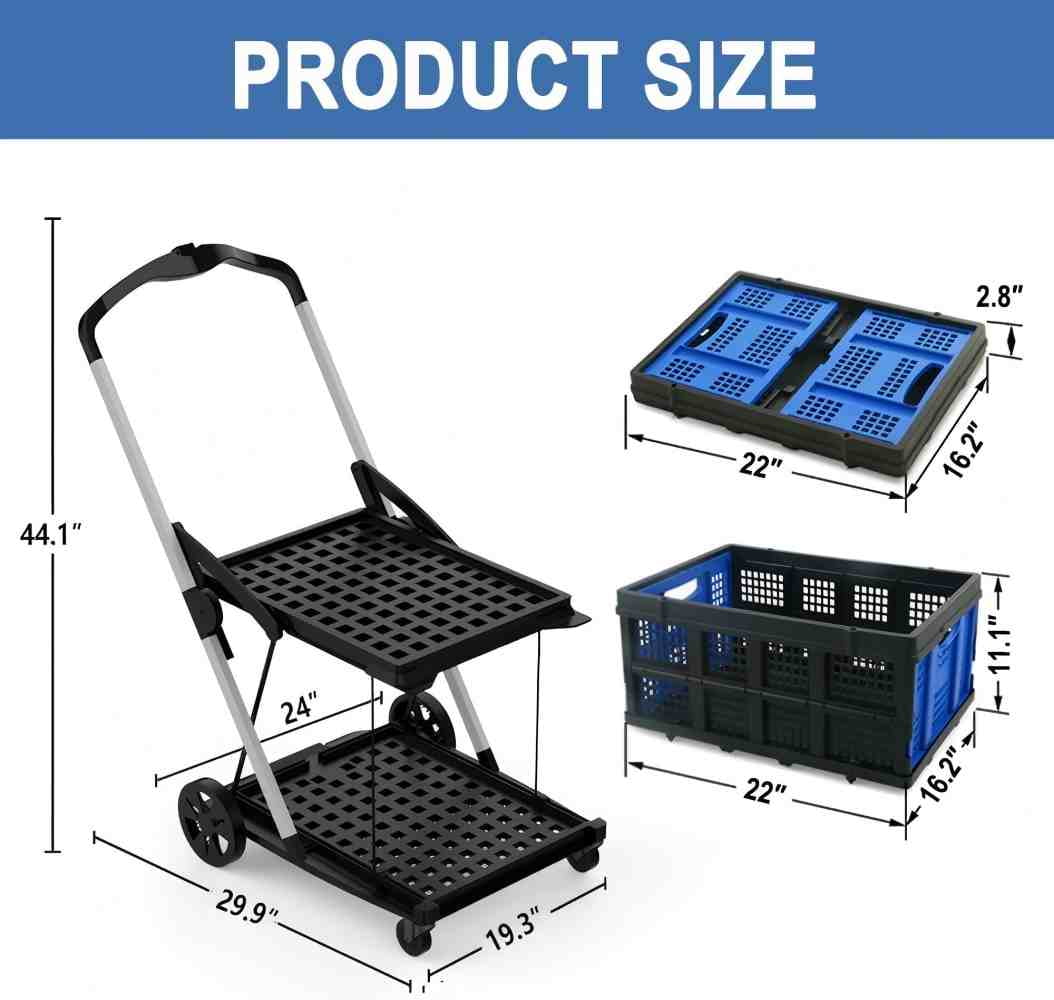 Foldable Grocery Cart with Wheels and Removable Storage Crate, Collapsible Shopping Cart, 2-Tier Portable Utility Cart for Home, GroceriesSupermarket