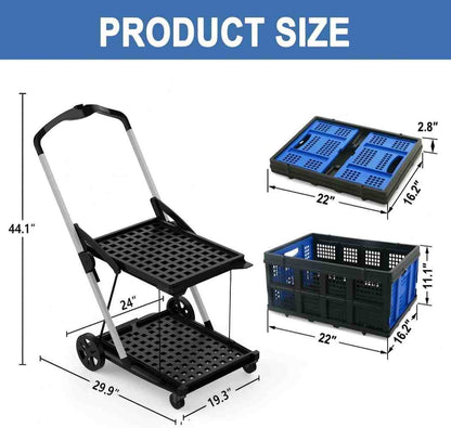 Foldable Grocery Cart with Wheels and Removable Storage Crate, Collapsible Shopping Cart, 2-Tier Portable Utility Cart for Home, GroceriesSupermarket