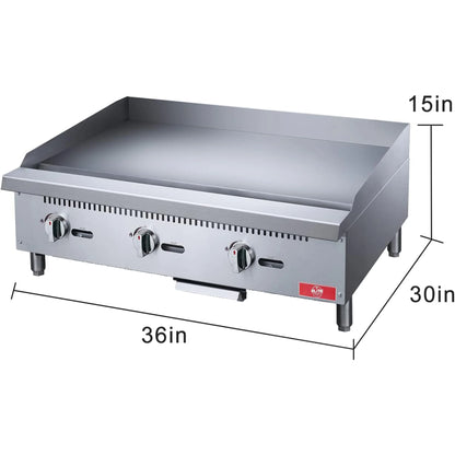 NSF 36 in. Commercial Griddle 90,000BTU Gas Griddle, 3 Burner Heavy-Duty Stainless Steel Countertop Griddle