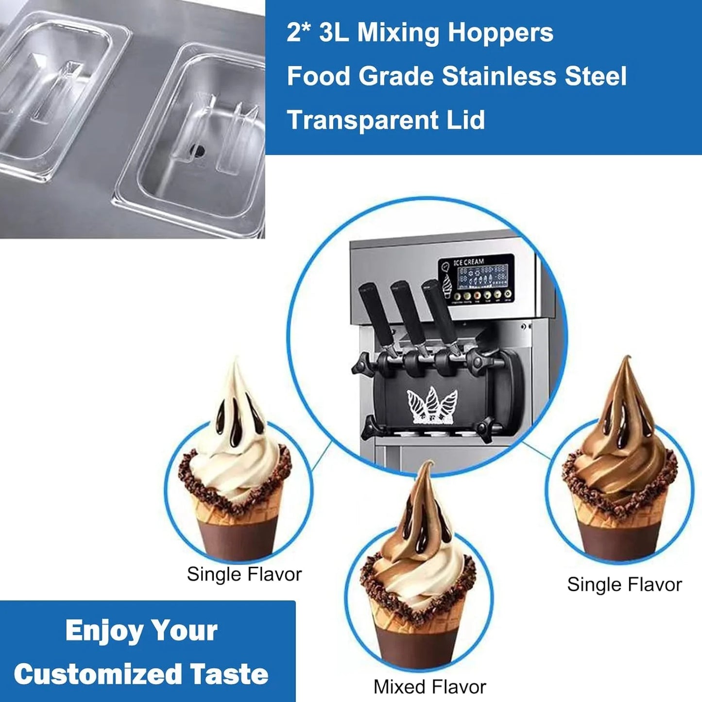 SIHAO 1200W Commercial Ice Cream Machine Countertop 18L/H Soft Serve Ice Cream Maker with LED Display