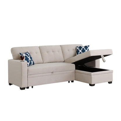 Reversible Fabric Sleeper Sofa Bed & Chaise with Cup Holder-Beige