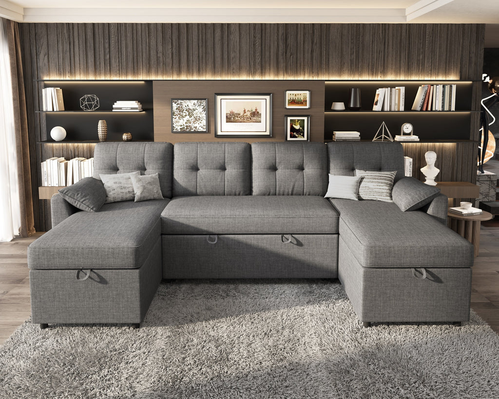 VANACC Sectional Sofa Bed with Storage and Soft Seat ,Reversible Pull Out Couch for Living Room,Beige