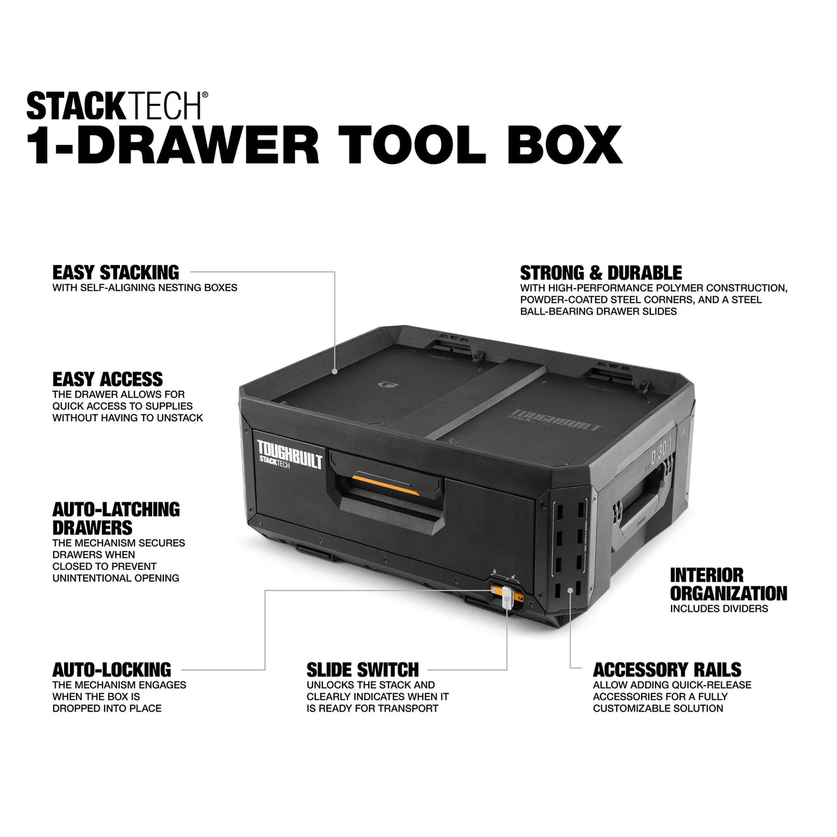 ToughBuilt StackTech 1 Drawer Toolbox, Heavy-Duty Stackable Tools Storage, 50 lb Capacity