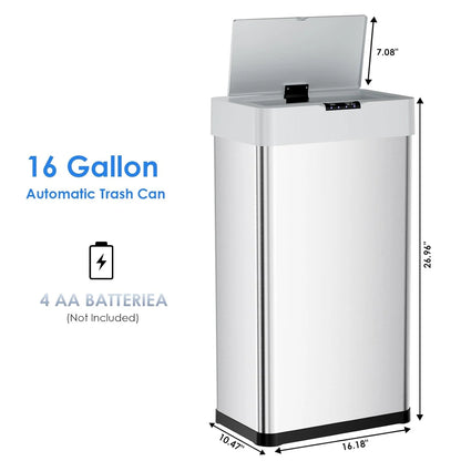 LAZY BUDDY 60 Liter / 16 Gallon Stainless Steel Motion Sensor Trash Can for Kitchen, Bathroom, Rectangular