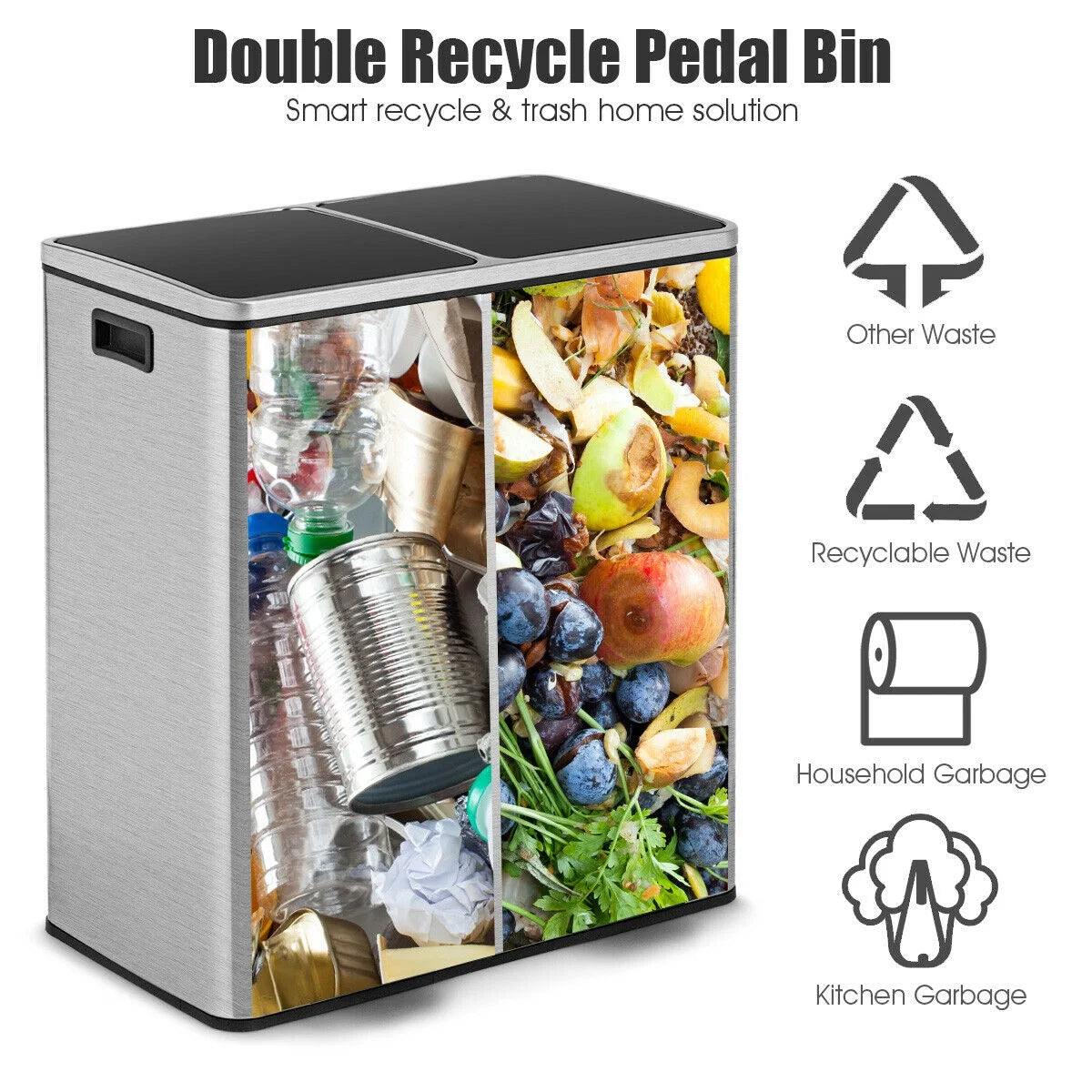 Gymax 16 Gallon Dual Step Trash Can Recycling Stainless Steel Double Bucket Pedal Bin