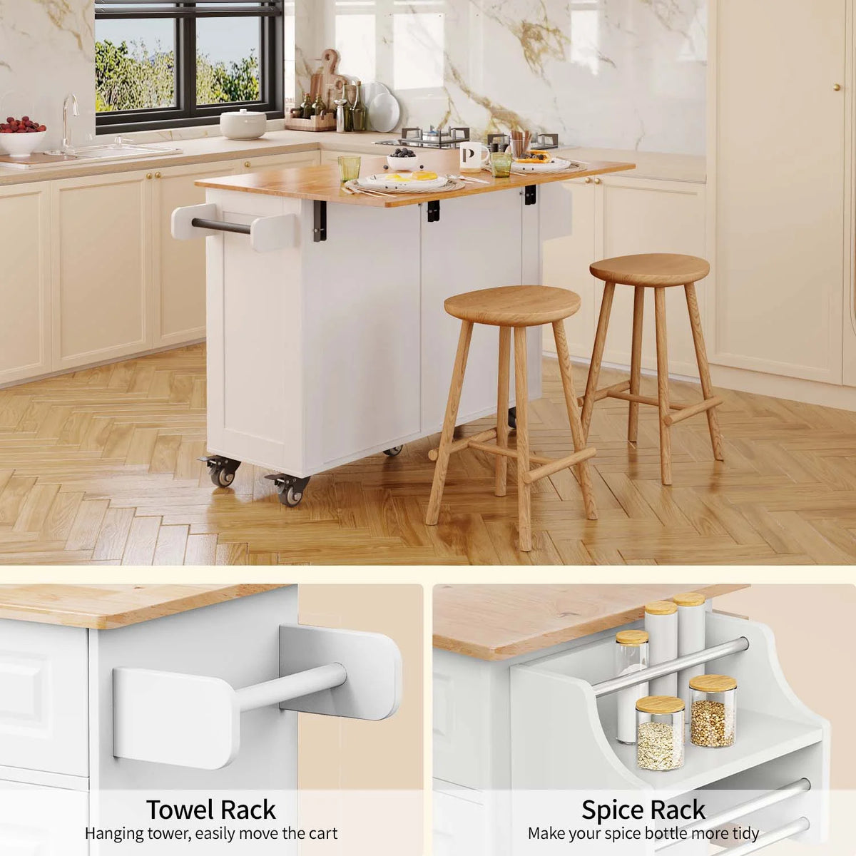 Lofka 52-Inch Kitchen Island with Storage on Wheels with Wood Drop Leaf, Ideal for Small Kitchens