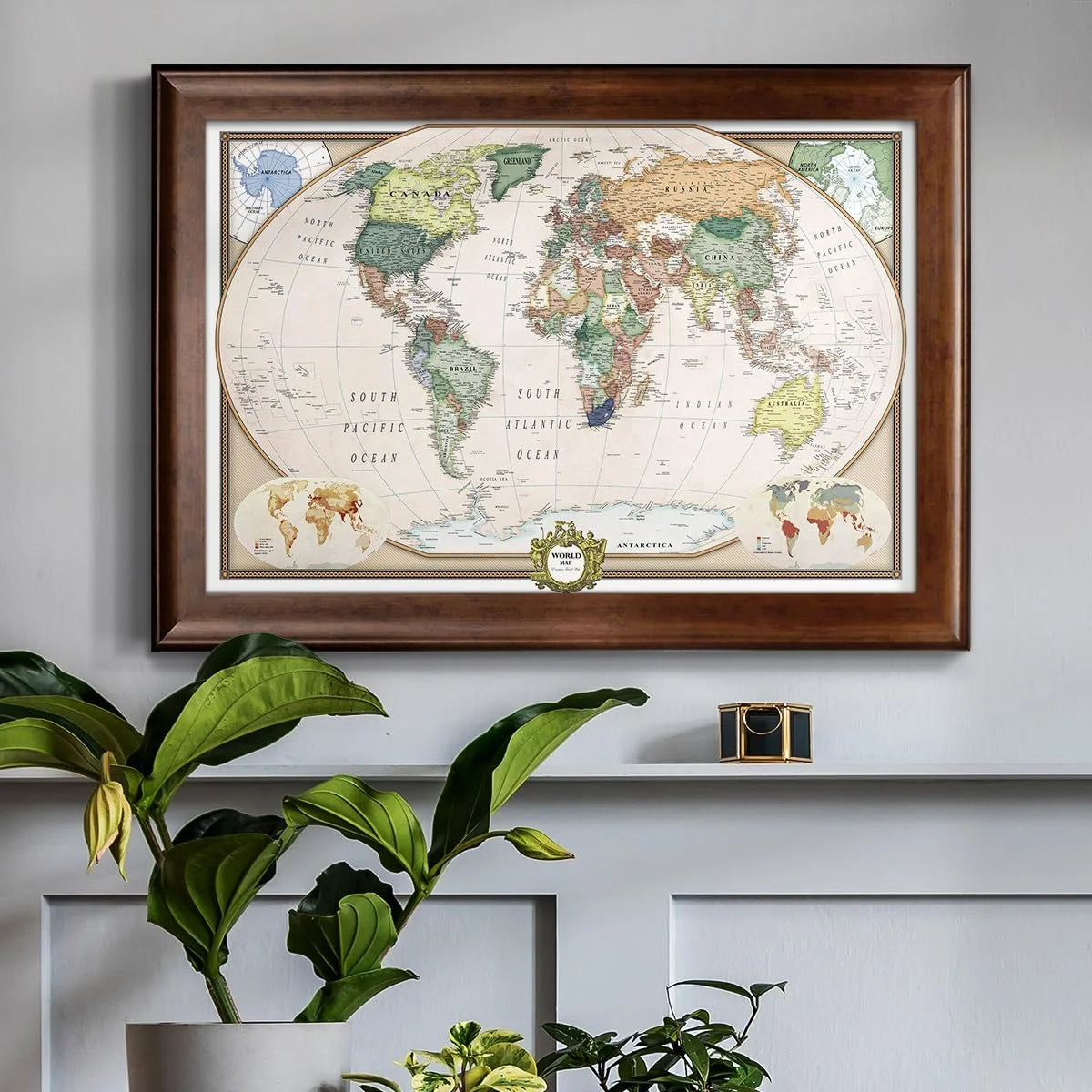 Renditions Gallery Colorful World Map Canvas Wall Art with Walnut Frame Wall Hanging Travel Map with Push Pins for Home, Office, Classroom