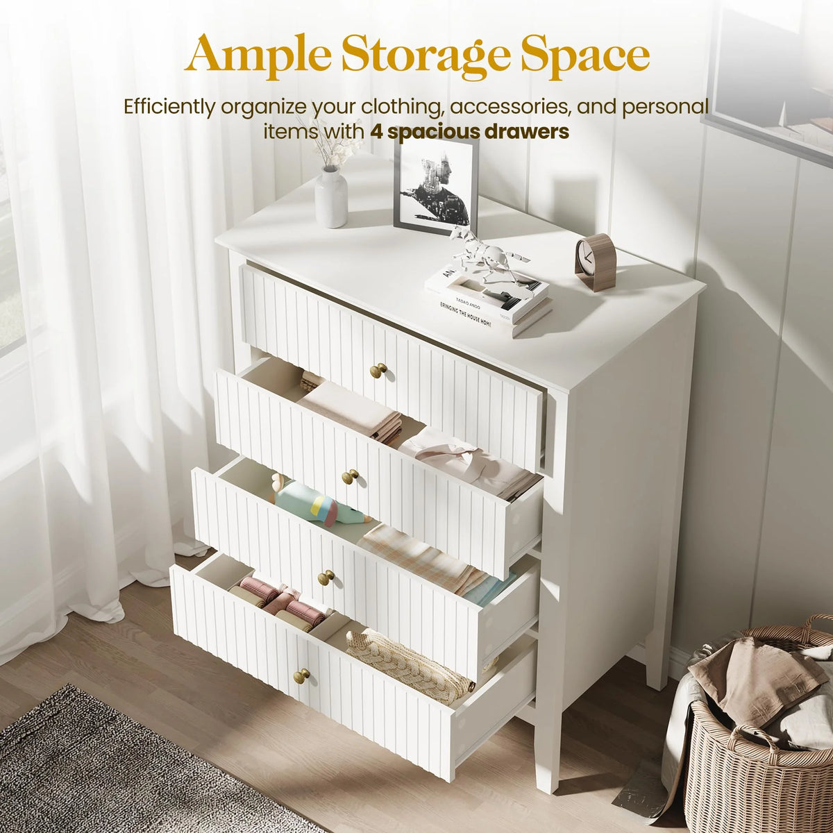 May Color Large White 3 Drawer Dresser Set of 2 with Fluted Panel, Modern Chest of Drawers with Silent Slide Drawers, Wood Accent Nightstand with Storage for Bedroom Living Room, Hallway