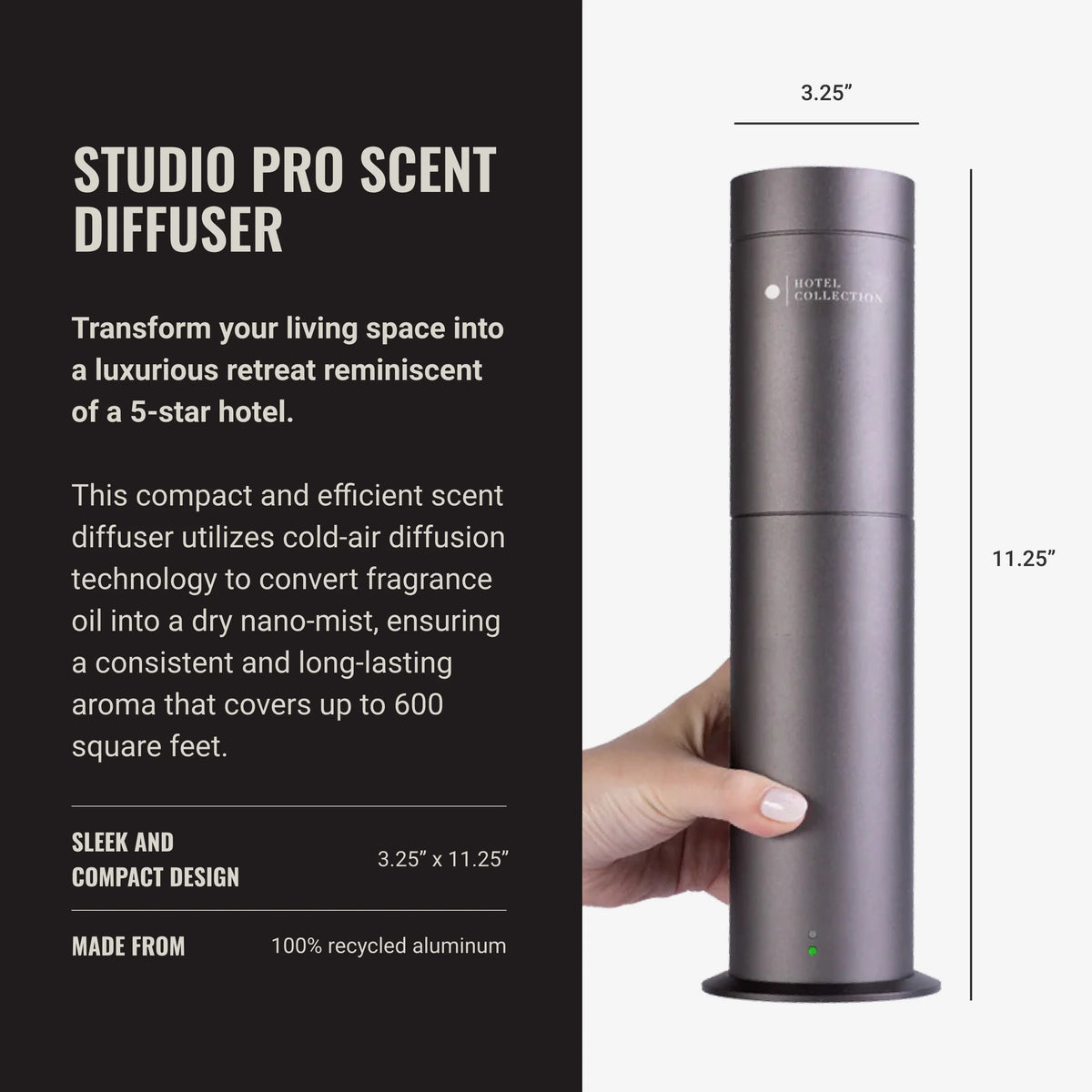 Hotel Collection | Studio Pro Essential Oil Diffuser | 600 sq ft Coverage | Cordless & Portable with Remote | Cold-Air Diffusion Technology Scent Diffuser | Home, Office & Business - Space Gray
