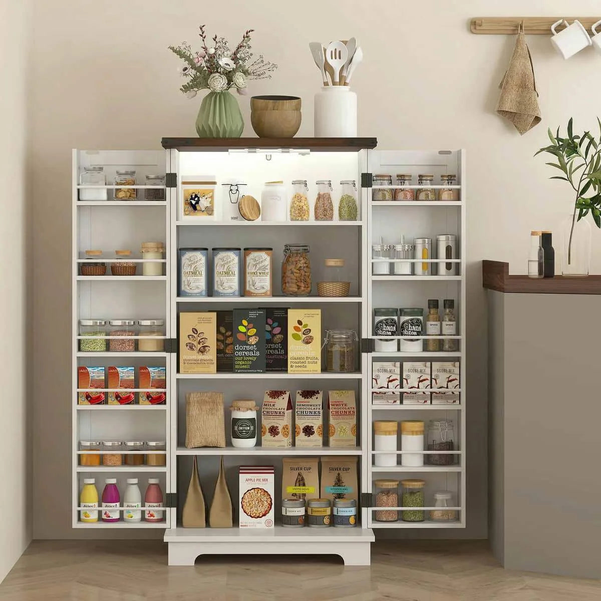 Spaco 17-Tier Kitchen Small Pantry Cabinet with 2 Doors and 6 Adjustable Shelves, Cabinet Pantry, Freestanding 5-Tier Shelving Pantries for Kitchen Storage, Gray