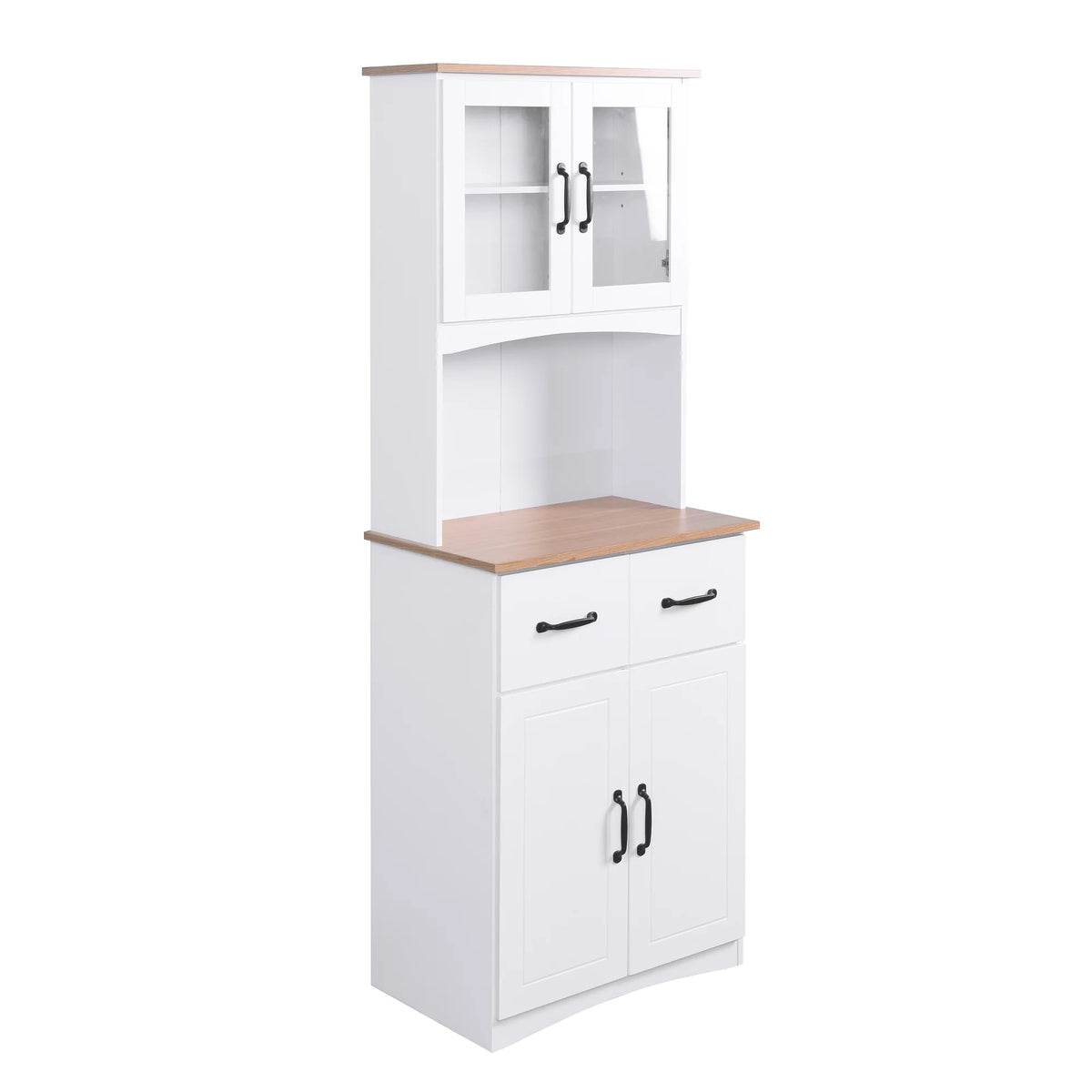 Clearance! Wooden Kitchen Cabinet White Pantry Room Storage Microwave Cabinet with Framed Glass Doors and Drawer