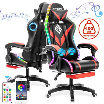 Hoffree Gaming Chair with Bluetooth Speakers Office Chair with Footrest and LED Lights Ergonomic Gaming Chairs High Back with Lumbar Support and Headrest Adjustable Swivel for Home Office 300lb
