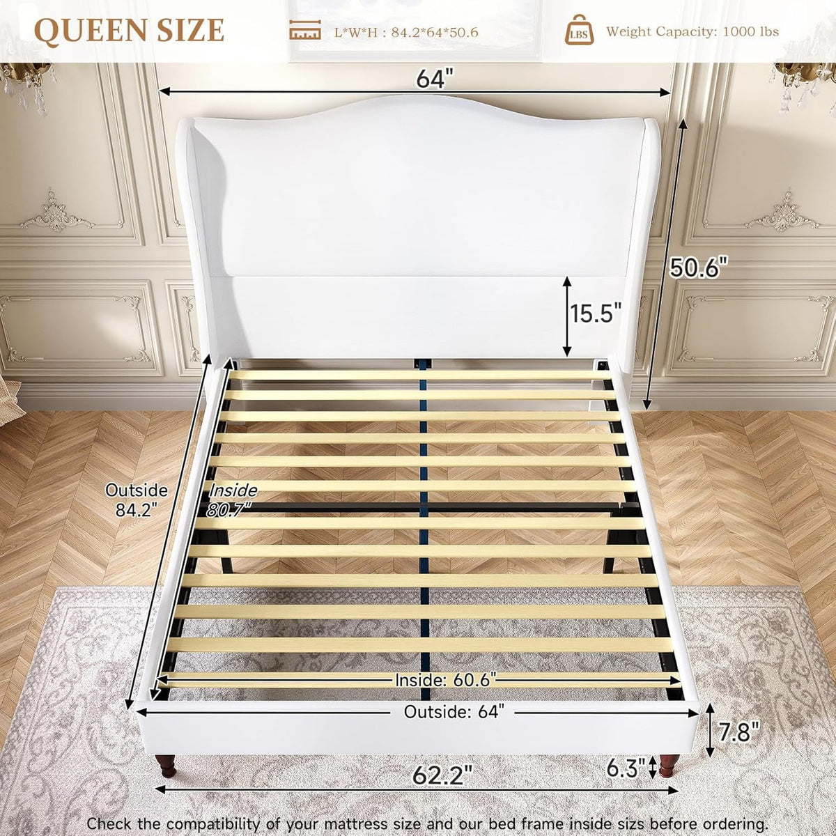 Neche Queen Upholstered Bed Frame with 51" Tall Headboard Classic Curved Wingback Platform Bed with Soft Fabric, Retro Simple Sleigh Bedframe No Box Spring Needed/Easy Assembly, White