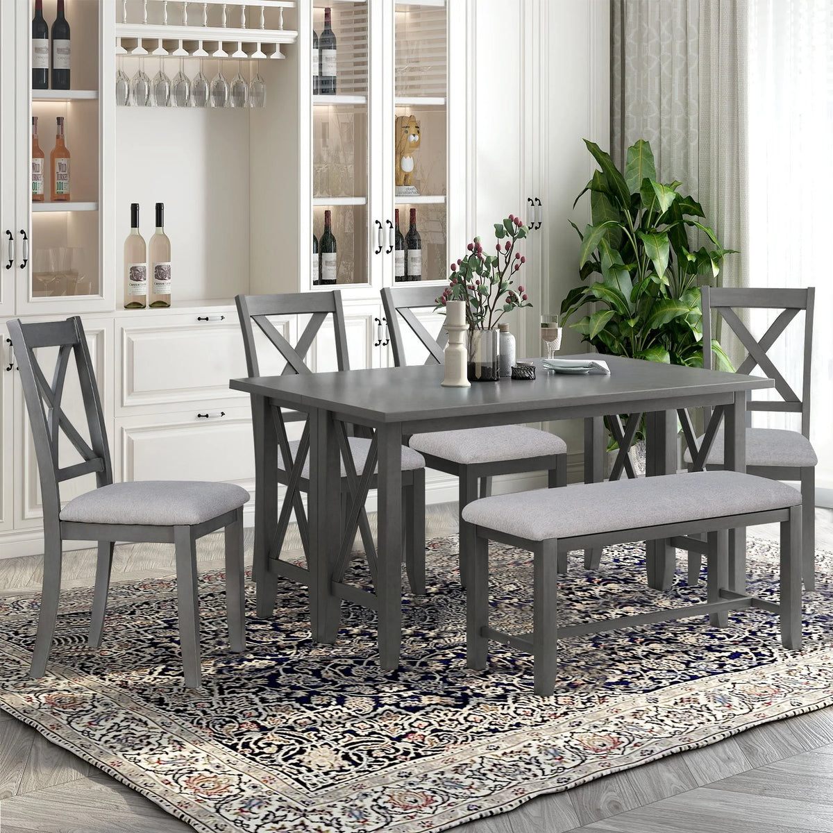 HANSHE Dining Table Set for 6, Farmhouse Dining Table Set with Foldable Table, Bench & 4 Chairs, Kitchen Table Sets with Chairs, Dining Room Set for Home Apartment Dorm, Gray