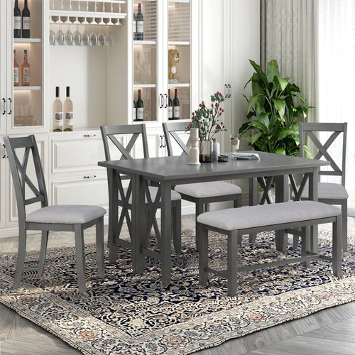 HANSHE Dining Table Set for 6, Farmhouse Dining Table Set with Foldable Table, Bench & 4 Chairs, Kitchen Table Sets with Chairs, Dining Room Set for Home Apartment Dorm, Gray
