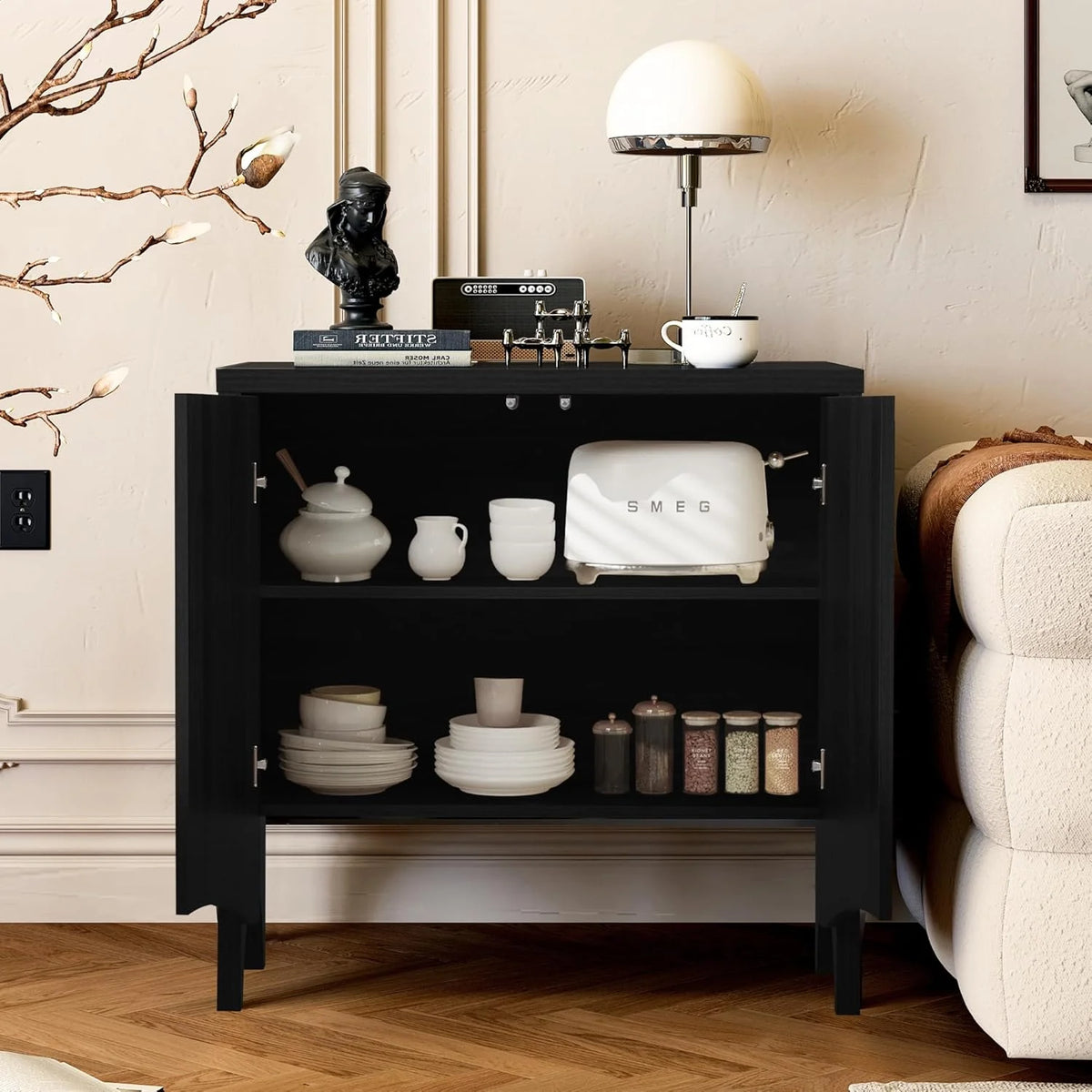 LEFHDA 2PCS Buffet Cabinet, Sideboard Cabinet with Storage, Accent Storage Cabinet with Carved Arc Door Design for Kitchen Dining Room, 2 Doors Buffet Cabinet with Adjustable Shelves