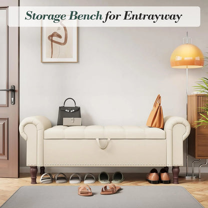 YOUDENOVA Storage Ottoman Bench for Bedroom 51" Queen Leather Storage Bench with Button, Upholstered Bedroom Bench with Rolled Arms for Living Room, Storage Room, Entryway, Gray