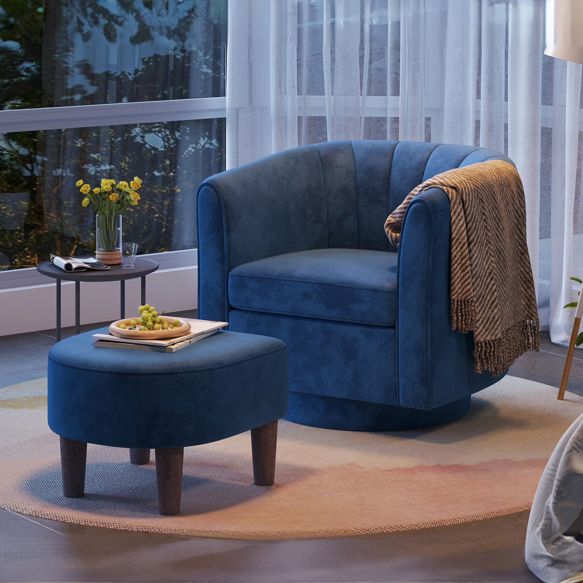 LINSY HOME Swivel Accent Chair with Ottoman, Velvet Barrel Chair for Living Room, Blue