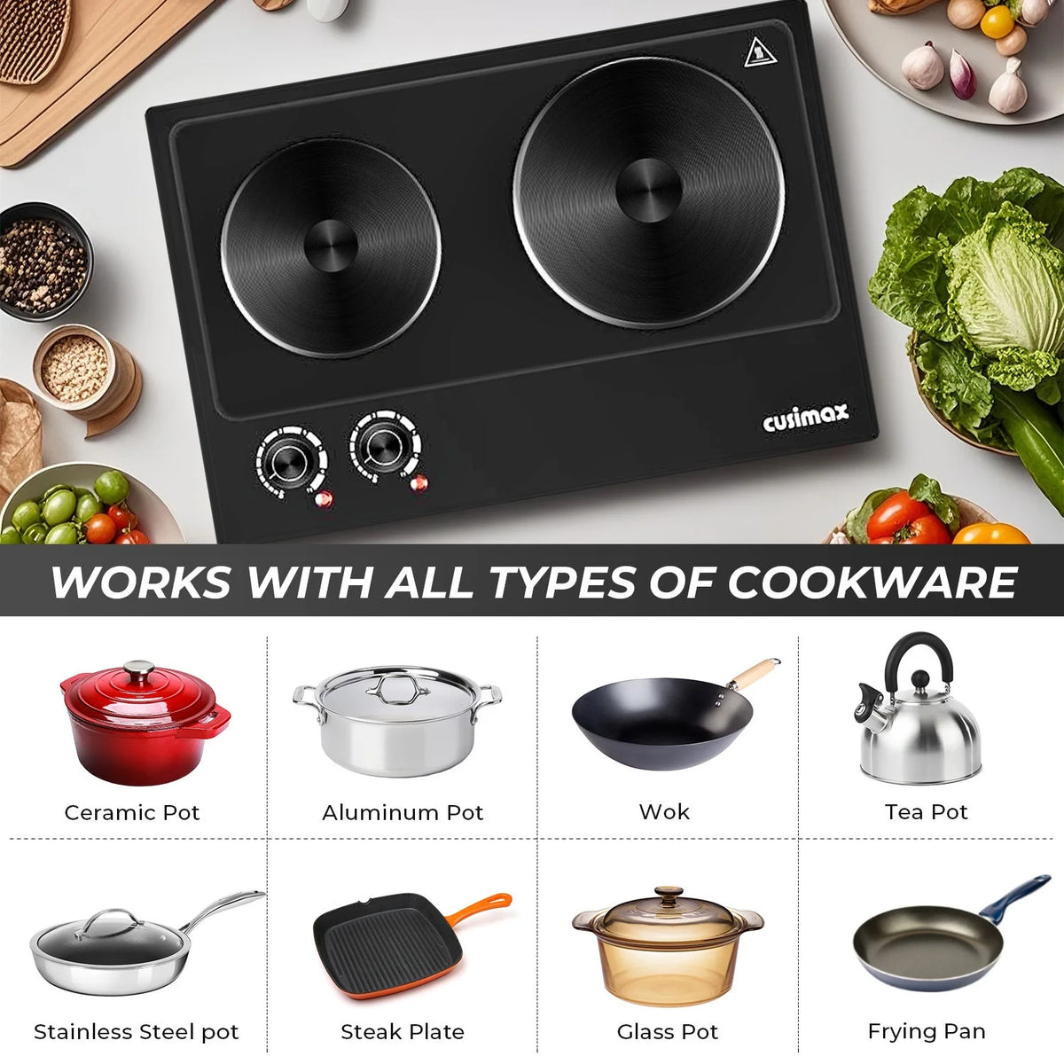 CUSIMAX 1800W Portable Double Burner Hot Plate �?Stainless Steel Countertop Electric Cooktop with Dual Cast Iron Heating Plates, Easy-to-Clean Silver Design, Upgraded Version