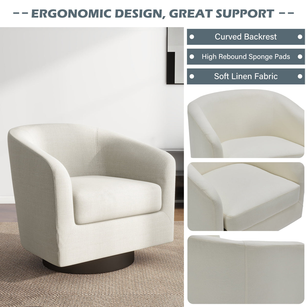 UIXE Swivel Accent Chair, Upholstered Fabric Barrel Chair for Living Room, Small Single Sofa Bedroom Reading Seat, Light Gray