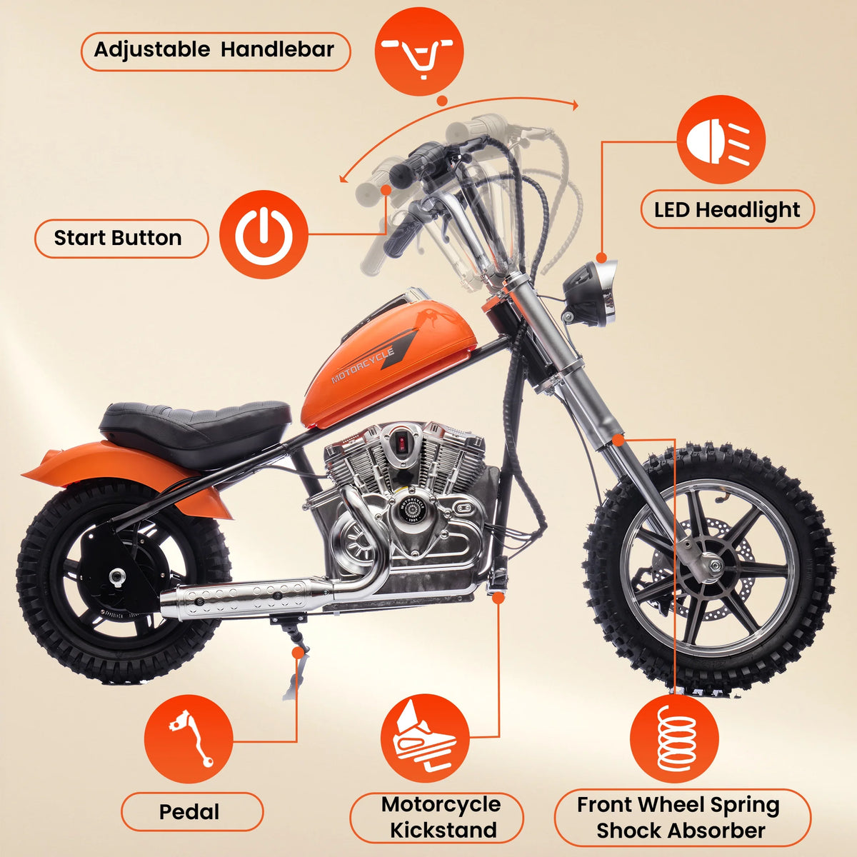 36V Power Ride on Motorcycle for Teen, Kids Electric Motorcycle with Front Wheel suspension, LED Light, Top Speed 13.6 Mph, Electric Dirt Bike for Boys Girls, Oranger