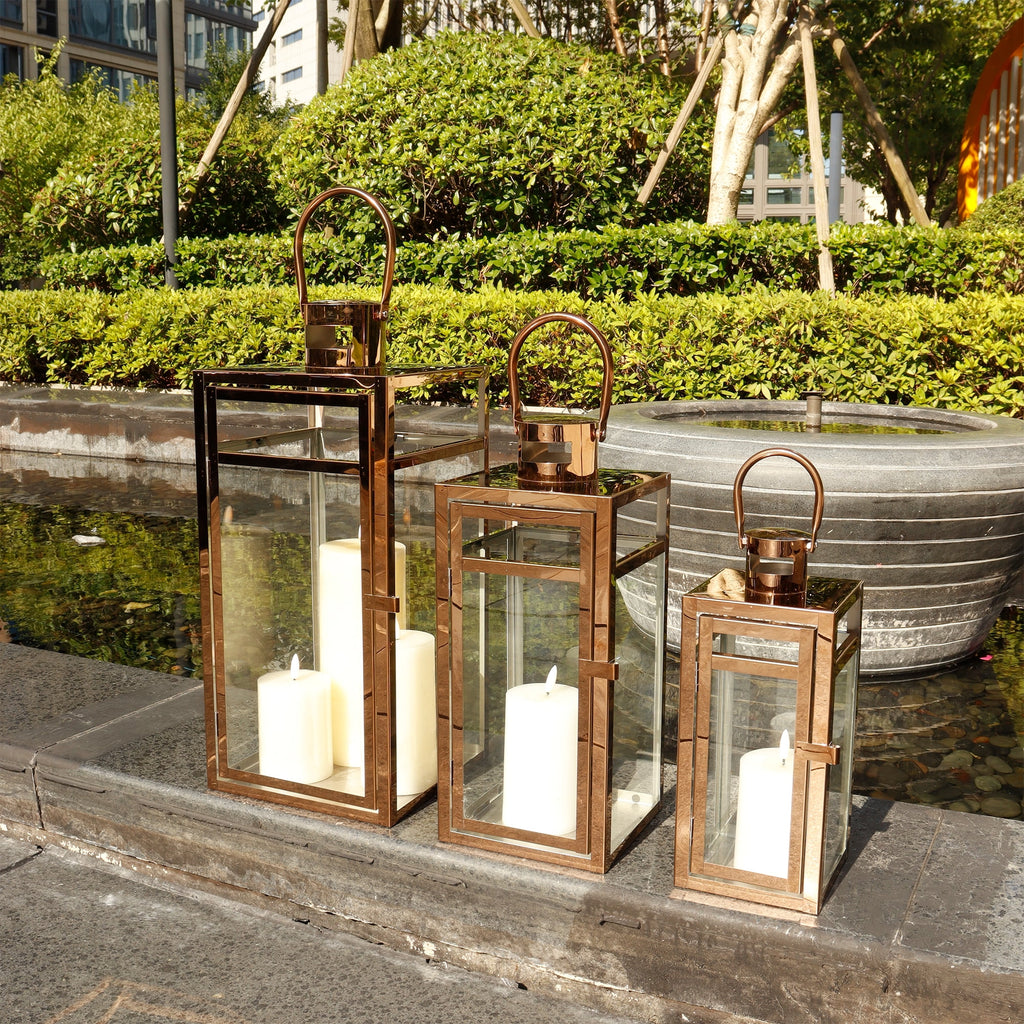 Stainless Steel Lantern Set of 3 12/15/19" Metal Lanterns with Tempered Glass for Parties & Events (Silver )
