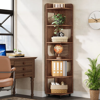 Fnova 71" 6-Tier Tall Corner Bookshelf, Rustic Wooden Narrow Corner Bookcase with Artistic Square Rack, Freestanding Display Storage Shelf for Space-Saving Home Organizing