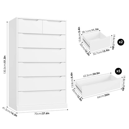 Homfa 7 Drawer White Dresser, 51.3"H Wood Storage Cabinet with Upgraded Stable Base, Vertical Chest for Bedroom Living Room