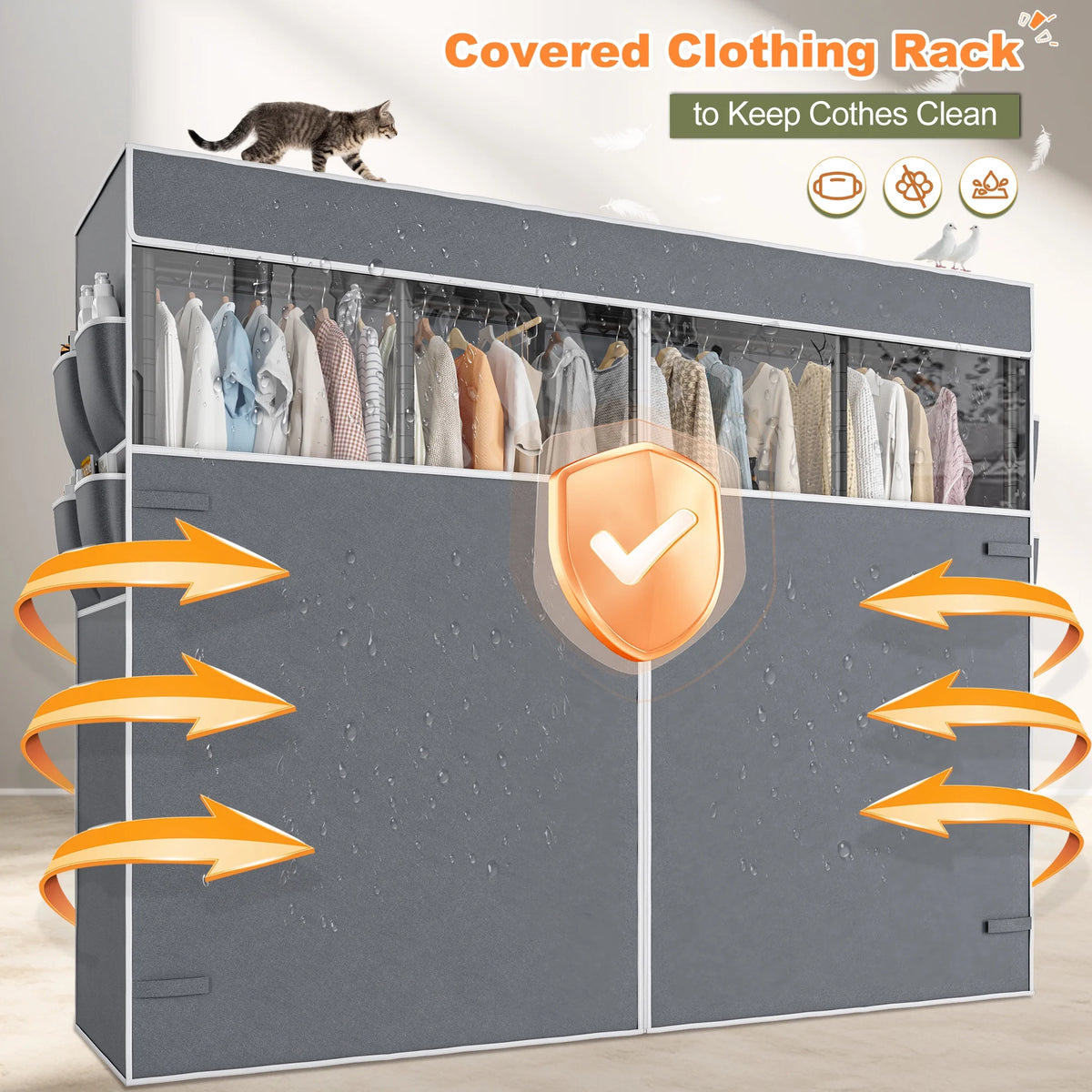 EnHomee 76"W Clothes Rack with Cover,1100LBS Heavy Duty Wardrobe Closet Organizer,Adjustable Portable Closet��Black