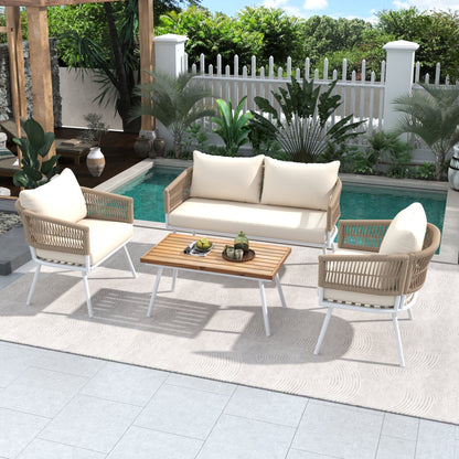 4-Piece Rope Patio Furniture Set with Ajustable Feet, Boho Rope Outdoor Conversation Set with Wood Table, Sofa Seating Set with Thick Cushion for Backyard Lawn Garden, Beige