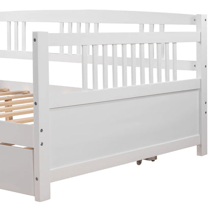 Daybed with Trundle Included, Full Size Daybed Bed Frame with Headboard and Footboard, Living Room Sofa Bed with Pull Out Bed, Wood Single Bed for Kids Boys Girls, No Box Spring Needed, White, J948