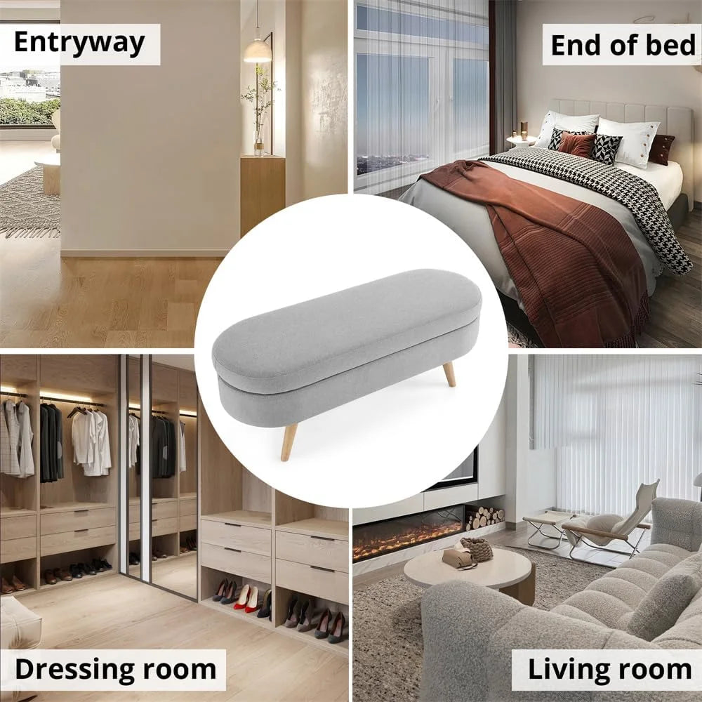Sumdeal 43.5" Storage Ottoman Bench with 250lb Seating, Linen Upholstered Wood Legs Safety Hinge Flip Top Oval Foot Rest Long Stool for Sofa Couch Bedroom End of Bed Living Room Entryway, White