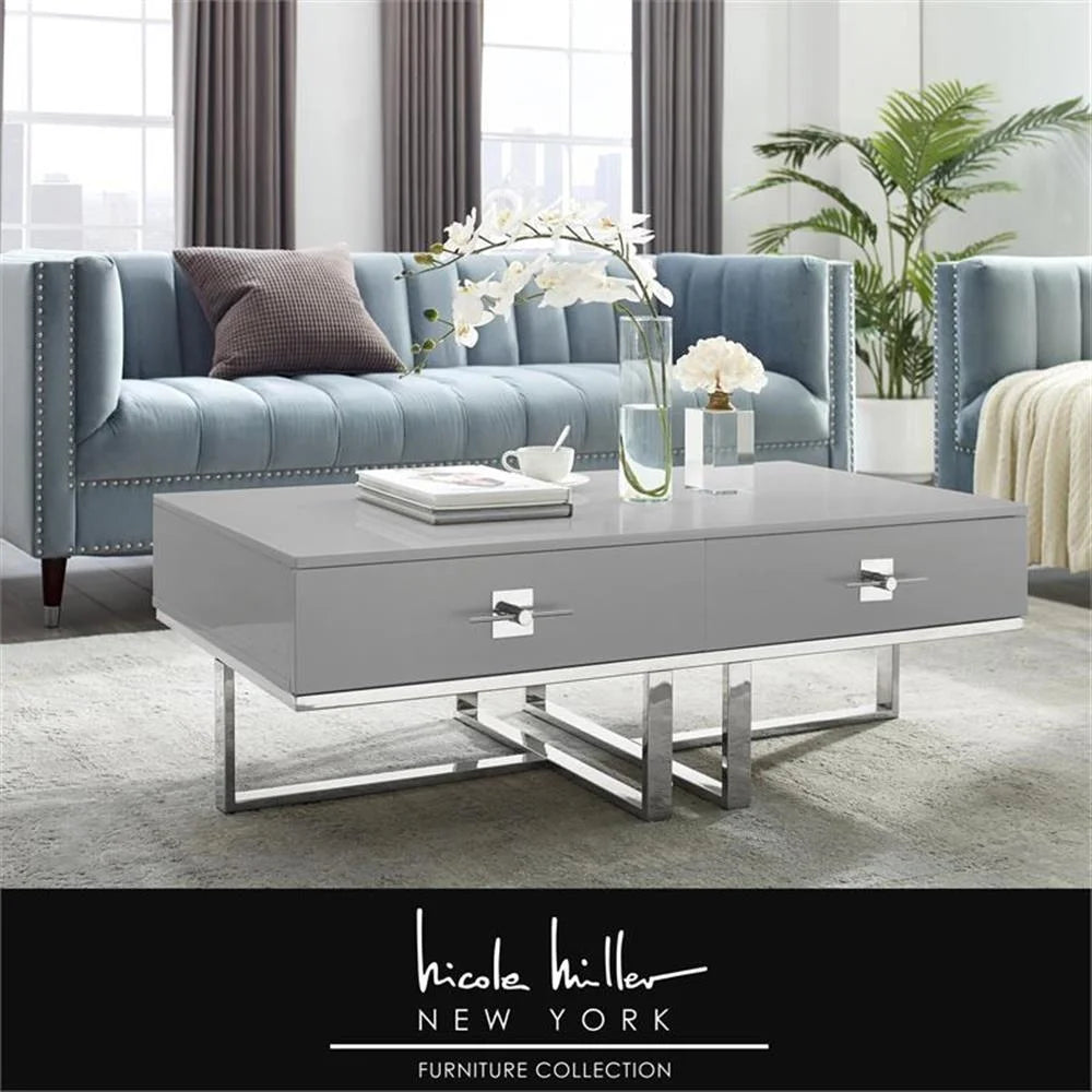 Posh Living Mano 2-Drawers Stainless Steel Base Coffee Table - Light Gray/Chrome