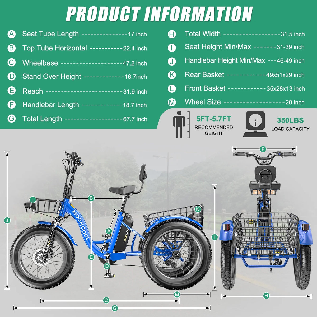 20" x 4" Fat Tire Electric Tricycle for Adult, 7 Speeds Electric Trike 48V 500W Motorized Tricycle , Electric Three Wheels Bicycle for Senior, Aluminum Frame & Rear Basket ,16mph