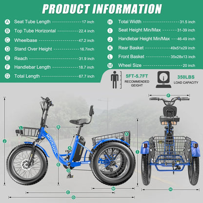 20" x 4" Fat Tire Electric Tricycle for Adult, 7 Speeds Electric Trike 48V 500W Motorized Tricycle , Electric Three Wheels Bicycle for Senior, Aluminum Frame & Rear Basket ,16mph
