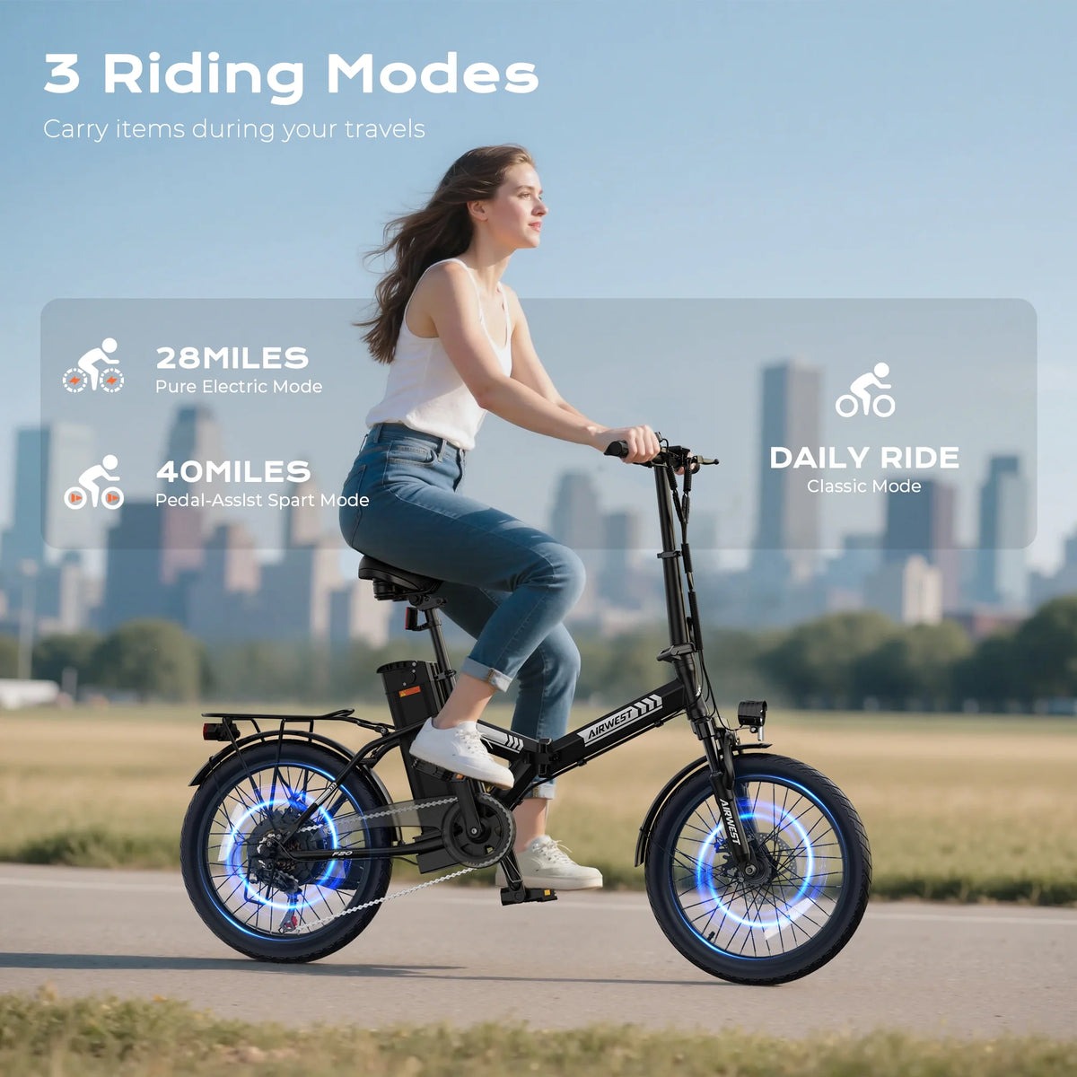 AIRWEST 20" Foldable Electric Bike for Adults, Compact Commuter eBike with 500W Motor 750W Peak, Removable 48V 7.8Ah Battery, 50 Miles PAS Range, 20MPH, UL Certified Folding Electric Bicycle